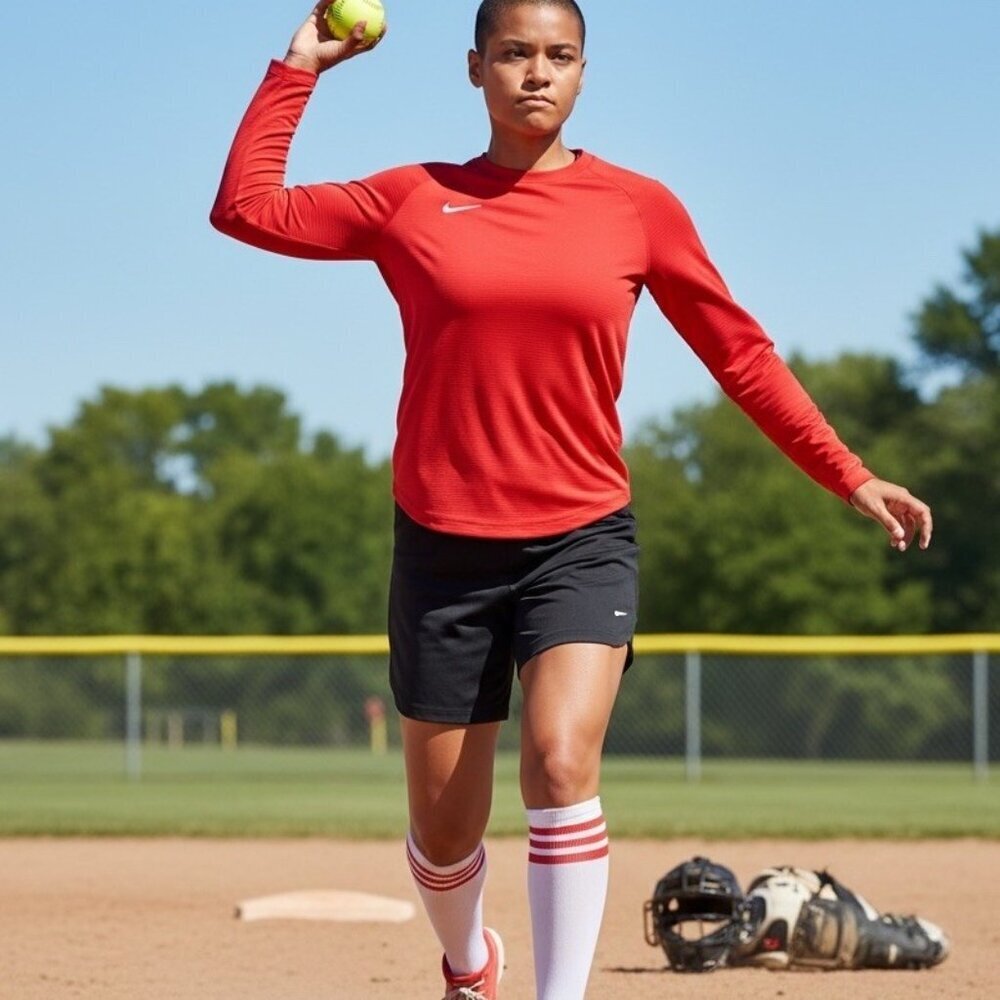 Nike Womens Medium Stock Dri-FIT Pre-Game Long Sleeve Softball Top Red DC9106